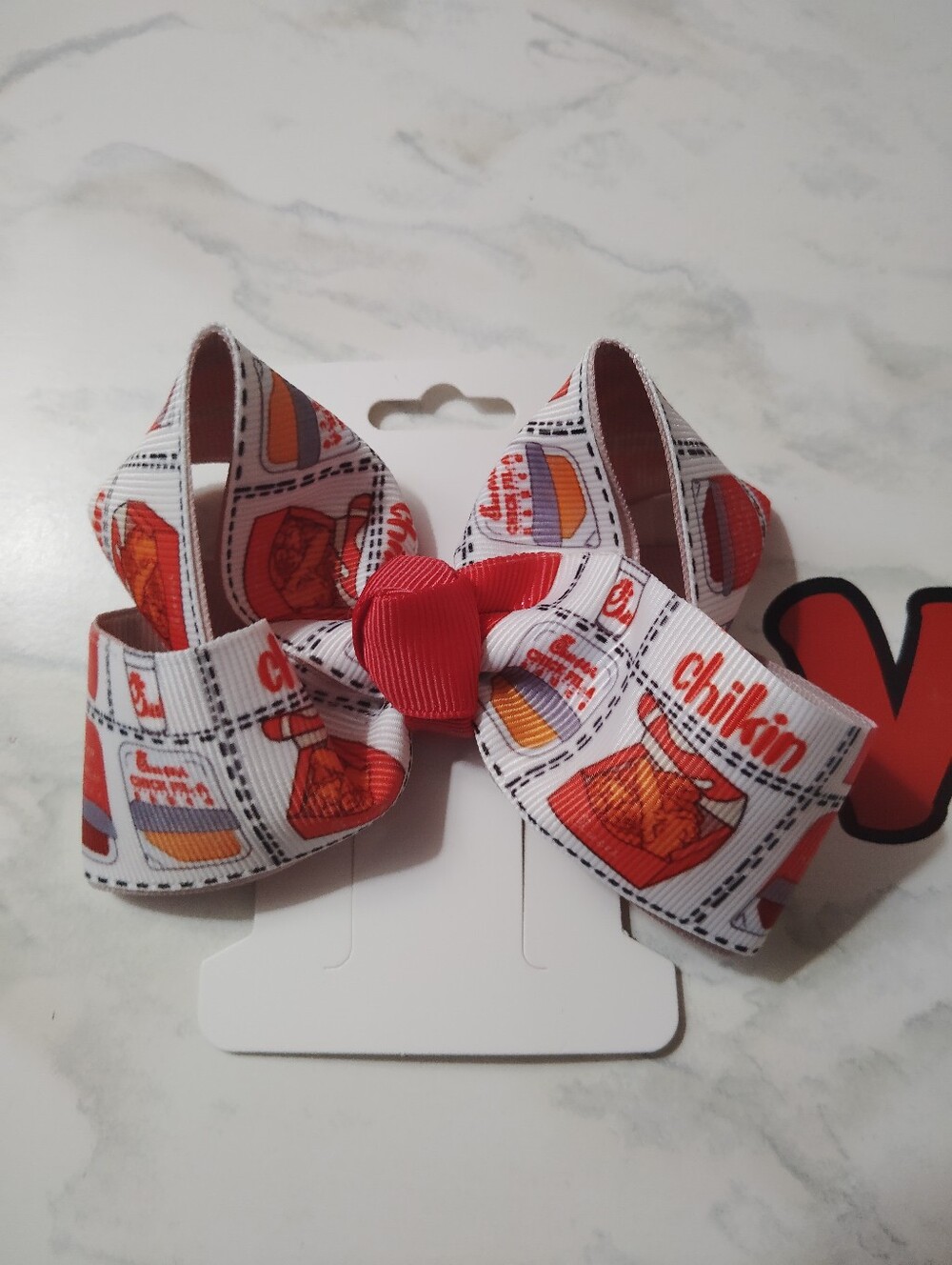 Red & White Kids Bow Hair Clip with Chicken Print